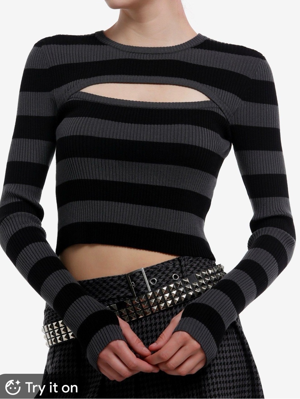 Striped Long-Sleeve Cutout Crop Top - Black & Gray